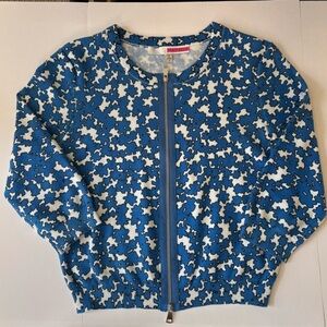 Tracy Reese Floral Zip Front Cotton Cardigan Blue White Cropped Sz L